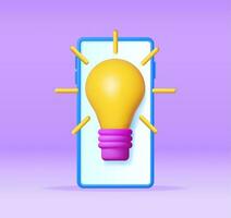 3D Light Bulb on Smartphone Screen. Render Cartoon Yellow Idea Bulb Icon. Glass Lightbulb Symbol. Creative Idea Inspiration. Brainstorming Development. Business Solution Startup. Vector Illustration