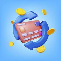 3d redondo flecha con banco tarjeta y dorado monedas hacer devolución de dinero o regreso dinero en compras. concepto de pago con dinero atrás. reembolso y digital pago. regreso de inversión. vector ilustración