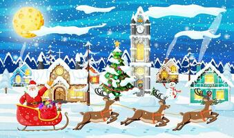 Village Covered Snow. Building in Holiday Ornament. Christmas Landscape, Tree, Forest Santa Sleigh Reindeers. New Year Decoration. Merry Christmas Holiday Xmas Celebration. Vector illustration