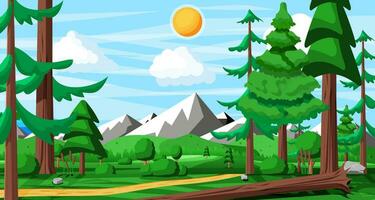 Landscape of Mountains and Green Hills. Summer Nature Landscape with Rocks, Forest, Grass, Sun, Sky and Clouds. National Park or Nature Reserve. Vector Illustration in Flat Style