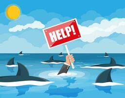 Businessman drowning in the sea with sharks. Mans hand with help sign. Desperate business man against fin. Obstacle on work, financial crisis. Risk management challenge. Flat vector illustration