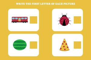 Write the first letter of each picture. Educational game for preschool, kindergarten or elementary kids. vector