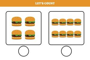 Counting game with hamburger. Educational worksheet design for preschool, kindergarten students. Learning mathematics. Brain teaser fun activity for kids. vector