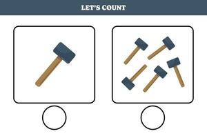 Counting game with hammer. Educational worksheet design for preschool, kindergarten students. Learning mathematics. Brain teaser fun activity for kids. vector