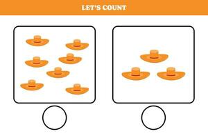 Counting game with hat. Educational worksheet design for preschool, kindergarten students. Learning mathematics. Brain teaser fun activity for kids. vector