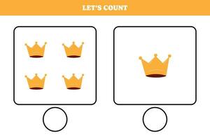 Counting game with crown. Educational worksheet design for preschool, kindergarten students. Learning mathematics. Brain teaser fun activity for kids. vector