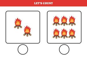 Counting game with bonfire. Educational worksheet design for preschool, kindergarten students. Learning mathematics. Brain teaser fun activity for kids. vector