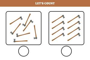 Counting game with axe. Educational worksheet design for preschool, kindergarten students. Learning mathematics. Brain teaser fun activity for kids. vector