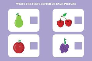 Write the first letter of each picture. Educational game for preschool, kindergarten or elementary kids. vector