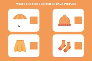 Write the first letter of each picture. Educational game for preschool, kindergarten or elementary kids. vector