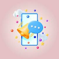 3D Notification Popup with Bell in Smartphone. Golden Render Ringing Bell. Gold School Bell and Chat Cloud Mockup. Alert Alarm Symbol. Social Media Network Notification Reminder. Vector Illustration