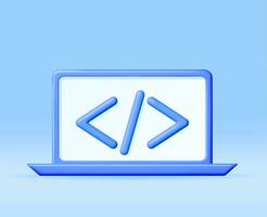 3d Code Icon on Computer Isolated. Render Python or Java Api Symbols in Laptop Device. Computer Programming Language. Web Development HTML Code Interface. Coding Round Tag. Vector Illustration