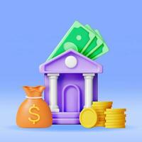 3D Bank Building and Cash Money. Render Financial House Icon. Construction with Columns in Ancient Design. Money Deposit and Withdrawal, Financial Transactions Service Banking. Vector Illustration