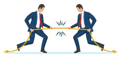 Two Businessman Pull of Rope. Man Tug of War and Look at Each Other. Business Target, Rivalry, Competition, Conflict. Achievement, Goal Success. Flat Vector Illustration