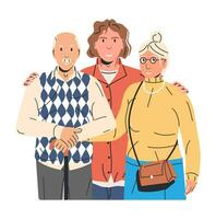 Adult Son Hugging Old Father and Mother Isolated. Elderly Dad or Mom with Son or Grandson. Young Man Embracing his Parents. Happy Family Relationship Concept. Flat Vector Illustration