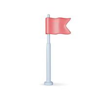 3D Red Flag on Metal Flagpole Isolated. Render Clean Horizontal Waving Flag. Concept of Victory and Success. Goal and Achievement. Realistic Vector Illustration