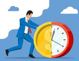 Businessman pushing dollar coin clock. Clock and golden coin. Annual revenue, financial investment, savings, bank deposit, future income, money benefit. Time is money. Flat vector illustration