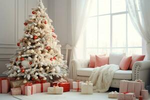 Cosy living room with beautiful christmas tree and red gifts in modern interior. Interior of living room decorated for merry christmas with socks, gift boxes and christmas accessories by AI Generated photo