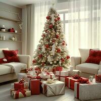 Cosy living room with beautiful christmas tree and red gifts in modern interior. Interior of living room decorated for merry christmas with socks, gift boxes and christmas accessories by AI Generated photo