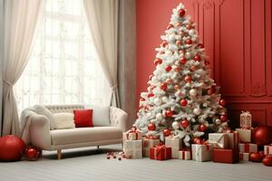 Cosy living room with beautiful christmas tree and red gifts in modern interior. Interior of living room decorated for merry christmas with socks, gift boxes and christmas accessories by AI Generated photo