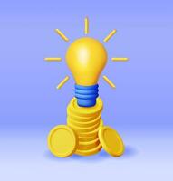 3D Light Bulb with Golden Coins Isolated. Render Yellow Idea Bulb Makes Money. Glass Lightbulb Symbol. Creative Idea Inspiration. Brainstorming Development. Business Startup. Vector Illustration