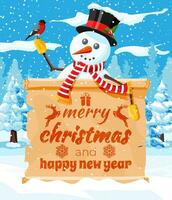 Funny snowman character greeting. Snowman head and scroll with text. Happy new year decoration. Merry christmas holiday. New year and xmas celebration. Vector illustration in flat style