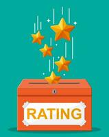 Rating box. Reviews five stars. Testimonials, rating, feedback, survey, quality and review. Vector illustrayion in flat style