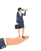 Businesswoman with briefcase on hand looking for opportunities in spyglass. Business woman with telescope. Searches new perspectives in future. Teamwork leadership, visionary. Flat vector illustration