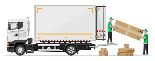 Truck trailer loaded with cardboard boxes by movers. Delivery van with pile of boxes. Express delivering services commercial truck. Fast and free delivery. Cargo logistic. Flat vector illustration