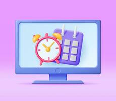 3D Paper Spiral Calendar and Clock on Computer Screen. Render Calendar, Clock and Monitor Computer. Schedule, Appointment, Organizer Timesheet, Deadline and Important Date. Cartoon Vector illustration