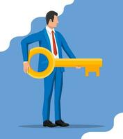 Businessman in suit holding big golden key. Solution, winning, future, business success concept. Key to open door of big opportunities. Achievement and goal. Vector illustration in flat style