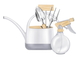 une composition de travail outils, arrosage peut, râteau, pelle, vaporisateur pistolet. outils pour aménagement paysager le jardin et aménagement paysager de maison territoire. agriculture, croissance les plantes et fleurs. isolé illustration png