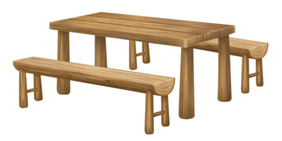 A wooden picnic table with benches for outdoor recreation. Furniture for the garden, park, hiking, camping. Outdoor dinners and barbecues. Family holidays and travel. Isolated illustration png