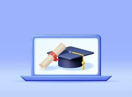 3D Computer with Graduation Cap and Diploma Isolated. Render Computer Laptop and Graduate Hat with Certificate. Online Education Concept E-learning, Online Courses. Vector Illustration