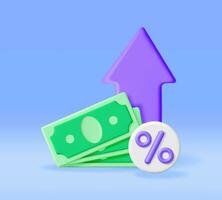 3D Growth Stock Chart Arrow with Dollars. Render Stock Arrow with Money and Percentage Symbol. Financial Item, Business Investment Financial Market Trade. Money and Banking. Vector Illustration