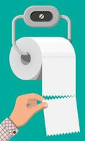 White roll of toilet paper on holder. Hank of paper for toilet. Vector illustration in flat style