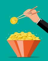 Bowl full of gold coins and chopsticks in hand. Money, concept of savings, donation, paying. Symbol of wealth. Vector illustration in flat style