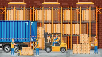 Warehouse shelves with goods, mover and container package boxes. Pile cardboard boxes set. Carton delivery packaging open and closed box with fragile signs. Vector illustration in flat style