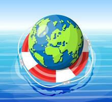 Planet earth getting lifebuoy ring. Save the world concept. Respect for nature and environment. Protecting globe. Cartography and geography, globe. Flat vector illustration