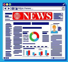 Business news on computer browser. Daily newspaper in internet. Online news journal. Operating system user interface. Pages with various headlines images quotes text articles. Flat vector illustration