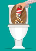 Tobacco abuse concept. Hand putting cigarettes in toilet. No smoking. Rejection, proposal smoke. Vector illustration in flat style.