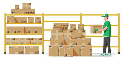 Warehouse shelves with goods, mover and container package boxes. Pile cardboard boxes set. Carton delivery packaging open and closed box with fragile signs. Vector illustration in flat style