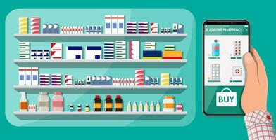 Hand holding mobile phone with internet pharmacy shopping app. Pharmacy shop facade. Medical assistance, help, support online. Health care application on smartphone. Vector illustration in flat style