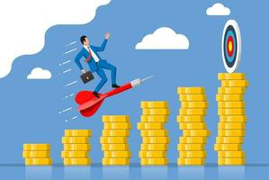 Businessman aim arrow to target on coin graph going up. Goal setting. Smart goal. Business target concept. Achievement and success. Vector illustration in flat style