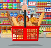 un pan productos en compras cesta en mano. supermercado interior. todo grano, trigo y centeno pan, tostada, galleta salada, ciabatta, cuerno, rosquilla, francés junquillo, canela bollo. plano vector ilustración