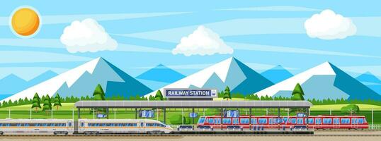 Modern Railway Station with High Speed Train and Platform with Schedule. Super Streamlined Train. Passenger Express Railway Locomotive. Railroad Public Transportation Subway. Flat Vector Illustration