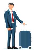 Man With Travel Bag. Tourist With Suitcase, Passport, Ticket, Boarding Pass In Airport. Businessman With Luggage Isolated. Business Man With Baggage. Business Flight Concept. Flat Vector Illustration