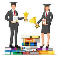 mujer de negocios y apilar de libros. negocio hombre con trofeo y diploma. educación y estudiar. negocio éxito, triunfo, objetivo o logro. victorioso de competencia. vector ilustración plano estilo