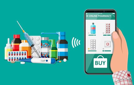 mano participación móvil teléfono con Internet farmacia compras aplicación conjunto de pastillas drogas médico asistencia, ayuda, apoyo en línea. salud cuidado solicitud en teléfono inteligente vector ilustración en plano estilo