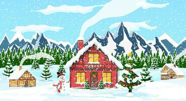 Suburban houses covered snow. Building in holiday ornament. Christmas landscape tree spruce, snowman. Happy new year decoration. Merry christmas holiday. New year xmas celebration. Vector illustration